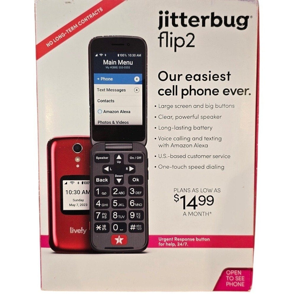 Jitterbug Flip2 Easy to Use Seniors Flip Cell Phone Red in Color SEALED Lively!